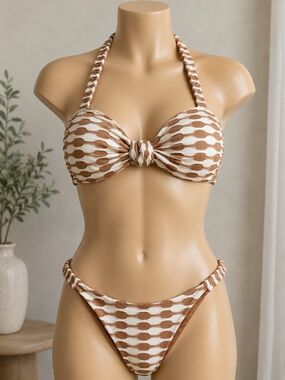 Textured Tan & Cream Knot Front Bikini Set | Size Small NWOT